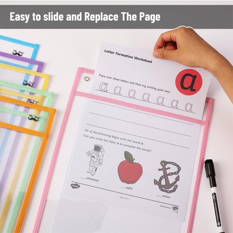 Mr. Pen Pocket Sleeves - 10x14 Inch, Pack of 24 - Colorful, Reusable, Clear Plastic Sleeves for Dry Erase Sheets - Image 5